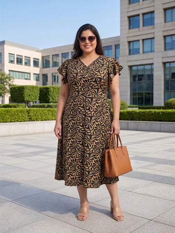 Plus Size Flutter Sleeve Fit & Flare Midi Dress
