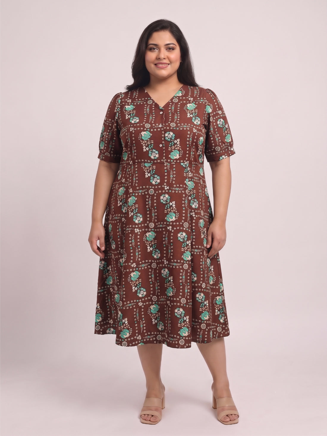 Plus Size Women’s Floral Printed Polyester A-Line Midi Dress with V-Neck & Short Sleeves Sizes 3XL to 8XL