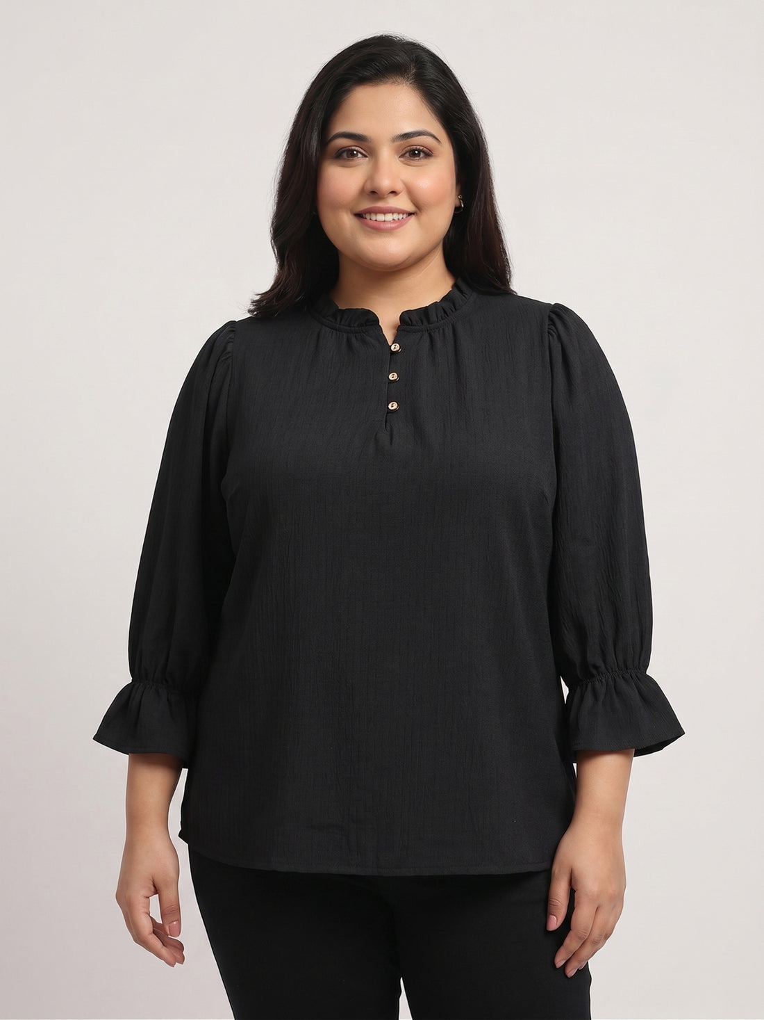 Plus Size Women Puff Sleeve Ruffled Top