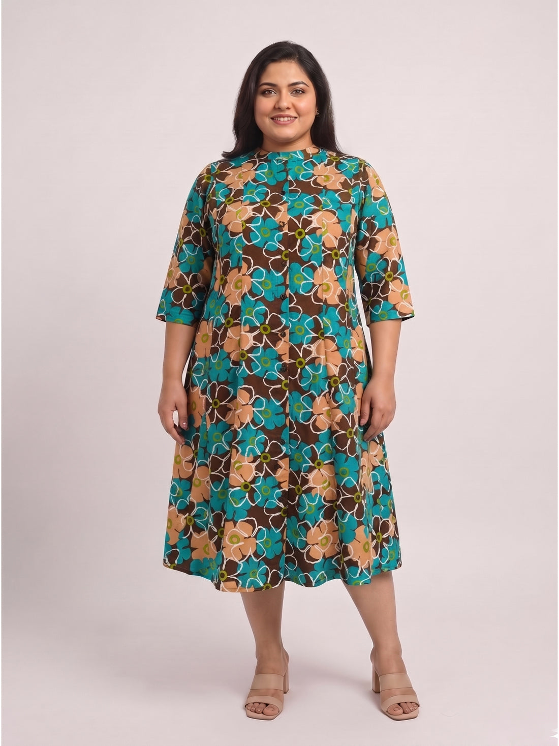 Plus Size Women's Mandarin Collar Midi A-Line Printed Button-Down 3/4 Sleeves Dress | Sizes 3XL to 8XL
