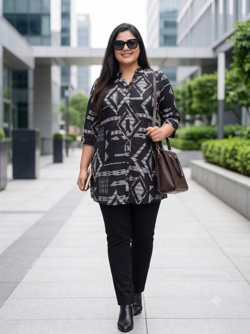 Plus Size Women's Printed Crepe 3/4 Sleeves V-Neck Tunic Sizes 3XL to 8XL