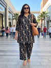 Plus Size Women's Black Ethnic Floral Printed Co-Ord Set | V-Neck, 3/4th Sleeves Polyester Tunic & Pants Set 3XL to 8XL