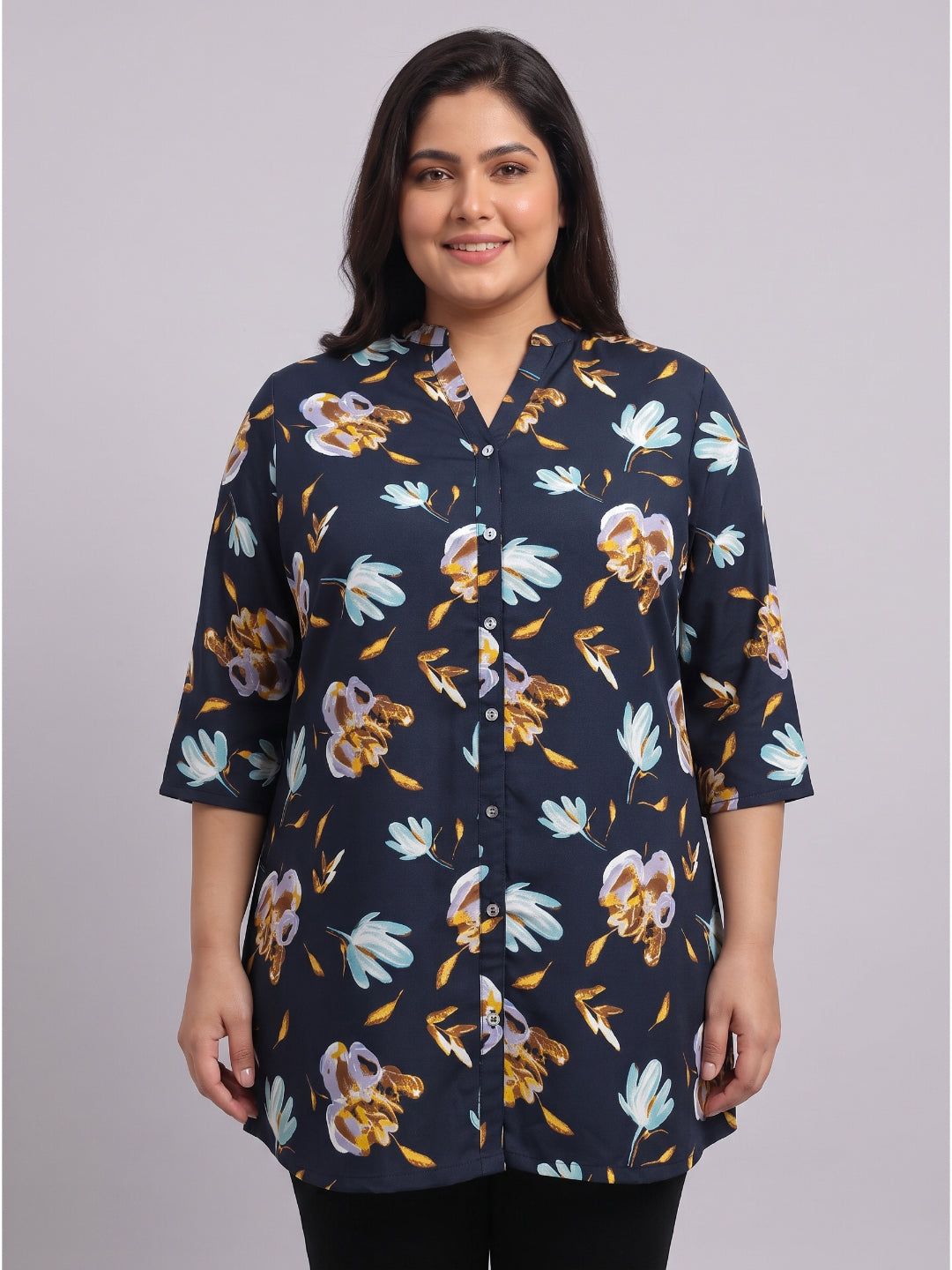 Plus Size Women's Printed Polyester 3/4 Sleeves V-Neck Tunic Sizes 3XL to 8XL