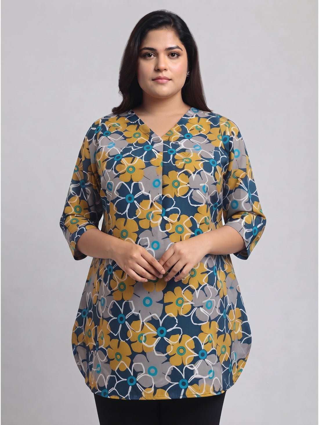 Plus Size Women's Printed V-Neck 3/4th Sleeve Lightweight Polyester Top 3XL to 8XL
