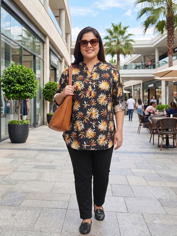 Plus Size Women's Mandarin Collar Full Sleeve Top | Lightweight Fabric | Regular Fit | Sizes 3XL to 8XL
