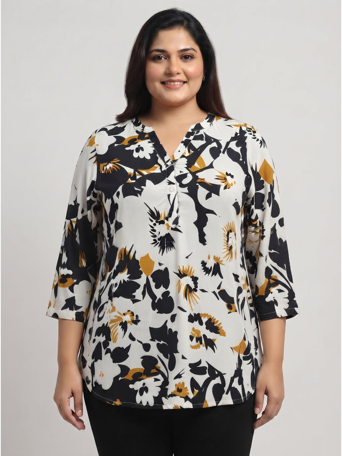 Plus Size Women's Printed V-Neck Polyester Top with 3/4 Sleeves and Button Closure | Sizes 3XL to 8XL
