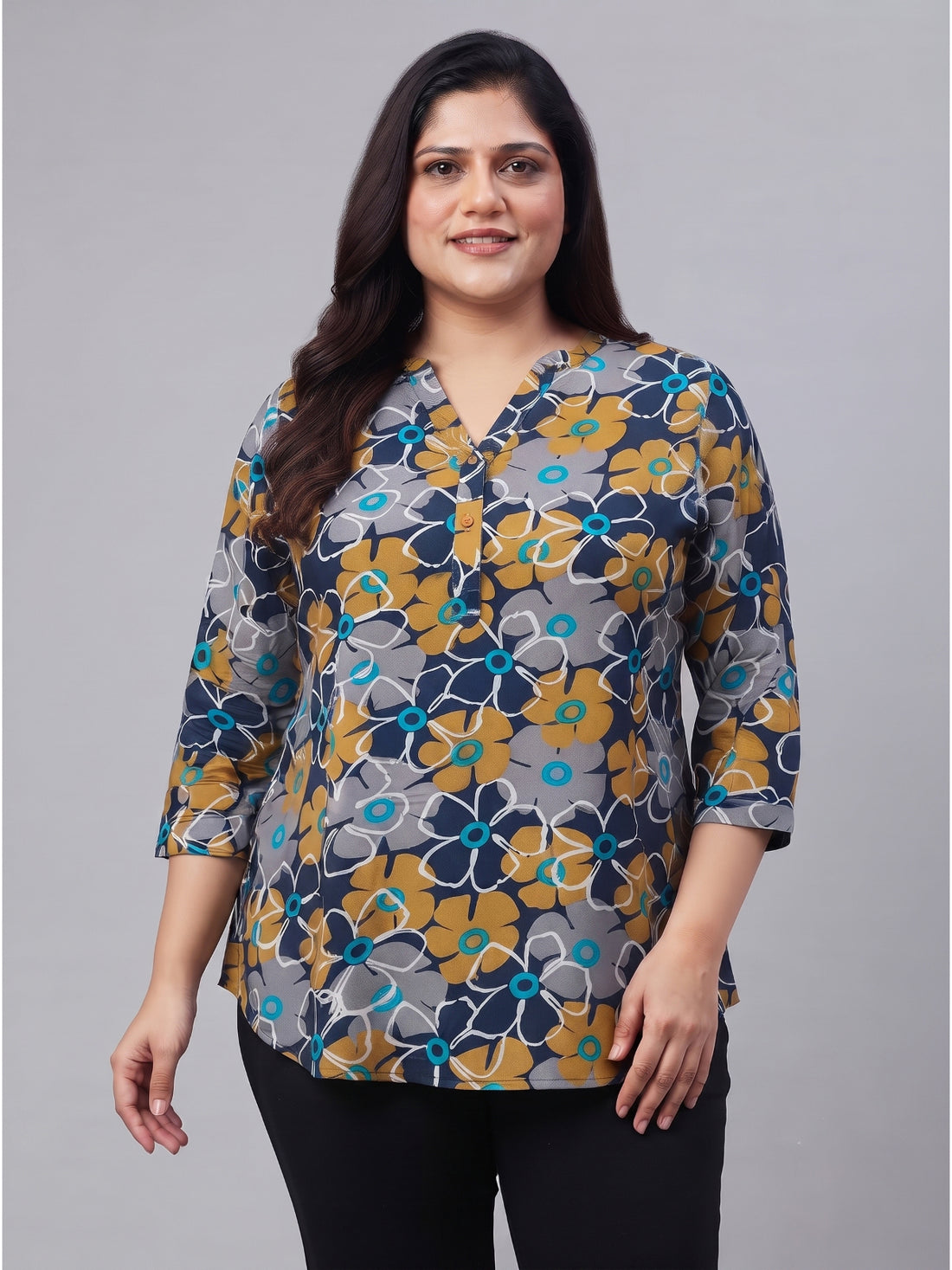 Plus Size Women's Printed V-Neck Polyester Top with 3/4 Sleeves and Button Closure | Sizes 3XL to 8XL