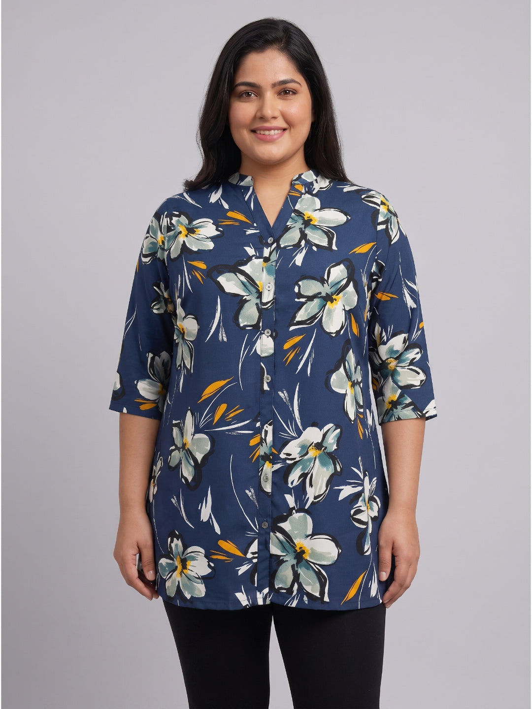 Plus Size Women's Printed Polyester 3/4 Sleeves V-Neck Tunic Sizes 3XL to 8XL
