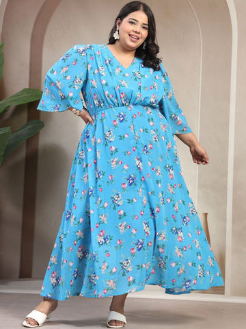 Plus Size Floral Print Flared Sleeve Fit & Flare Maxi Dress
