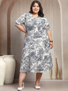Plus Size Women Blue Floral Jungle Print Midi Dress