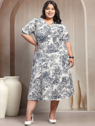 Plus Size Women Blue Floral Jungle Print Midi Dress
