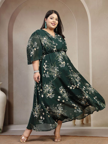 Plus Size Green Floral Printed Puff Sleeves Gathered A-Line Dress