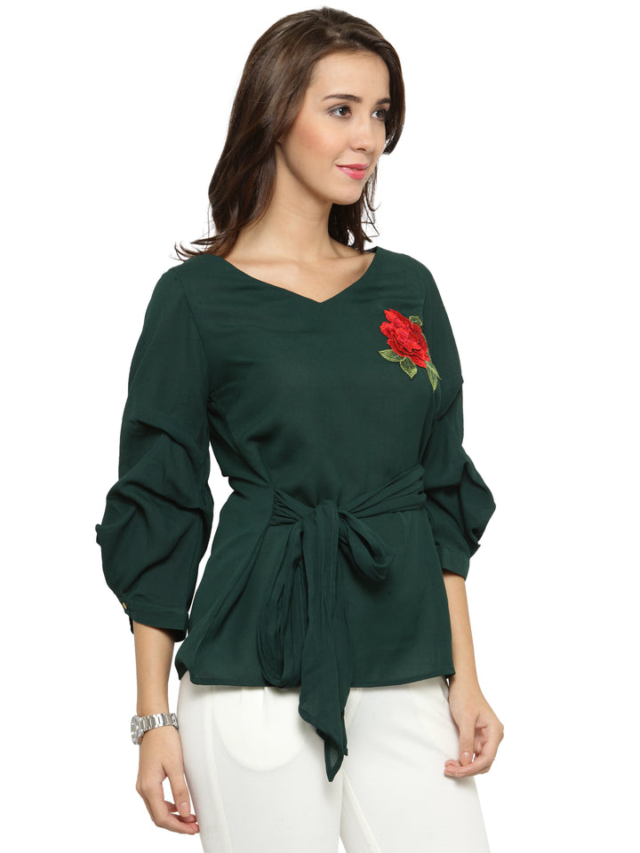 plusS Green Roll-Up Sleeves Applique Cinched Waist Top