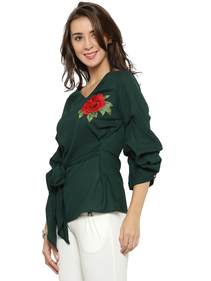 plusS Green Roll-Up Sleeves Applique Cinched Waist Top