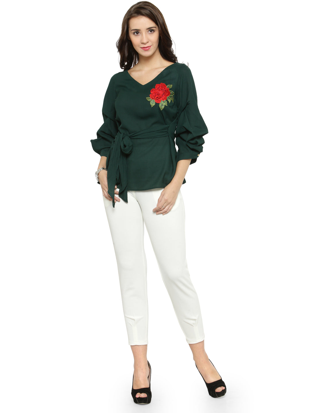 plusS Green Roll-Up Sleeves Applique Cinched Waist Top