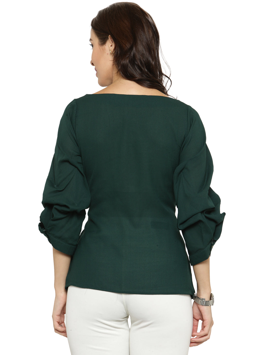 plusS Green Roll-Up Sleeves Applique Cinched Waist Top