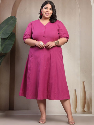 Plus Size Women Pink Solid Midi Dress