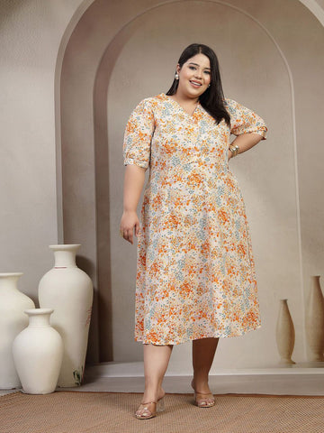 Plus Size Floral Print Puff sleeves Pleated Fit & Flare Midi Dress