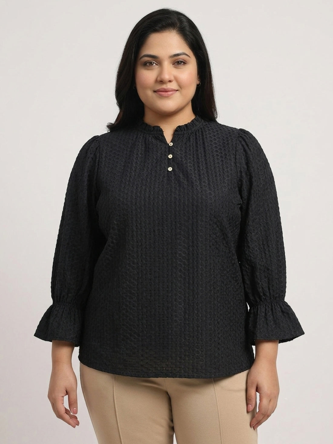 Plus Size Women Puff Sleeve Ruffled Top