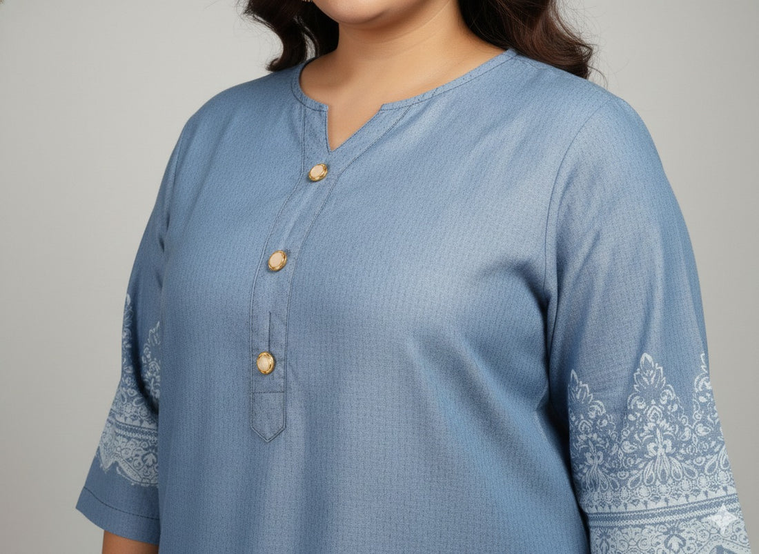 Plus Size Women Blue Solid Straight Denim Kurta