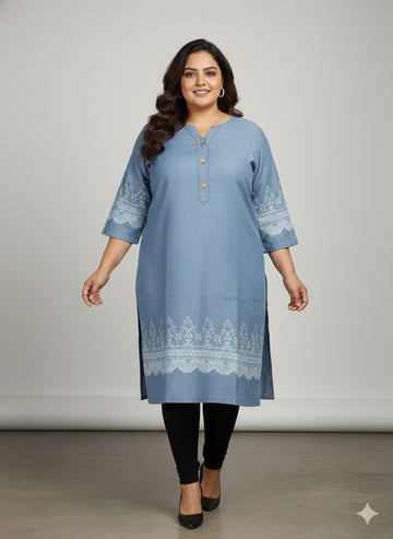 Plus Size Women Blue Solid Straight Denim Kurta