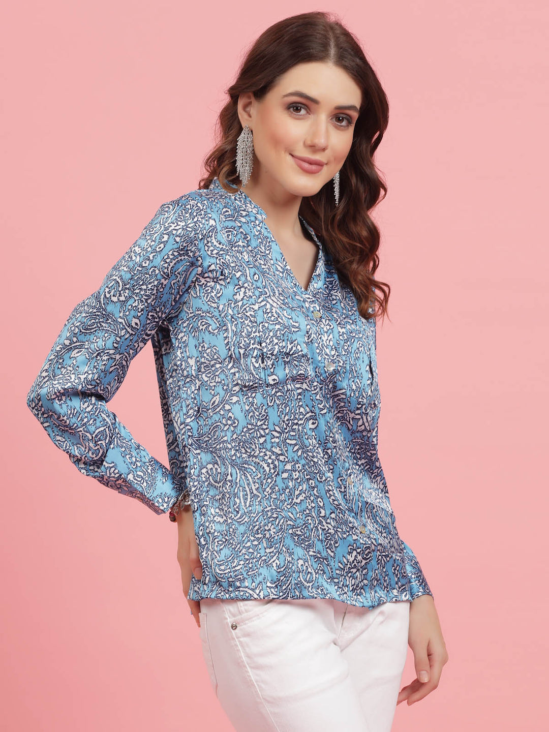 Floral Printed Mandarin Collar Cuffed Sleeves Shirt Style Top