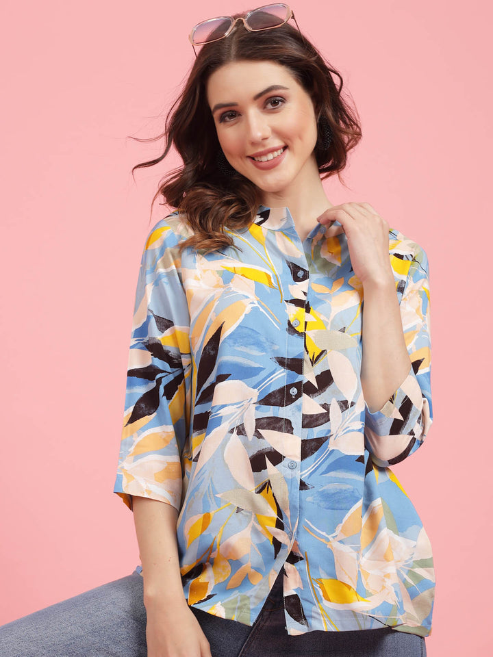 Blue  Yellow Floral Printed Band Collar Shirt Style Top