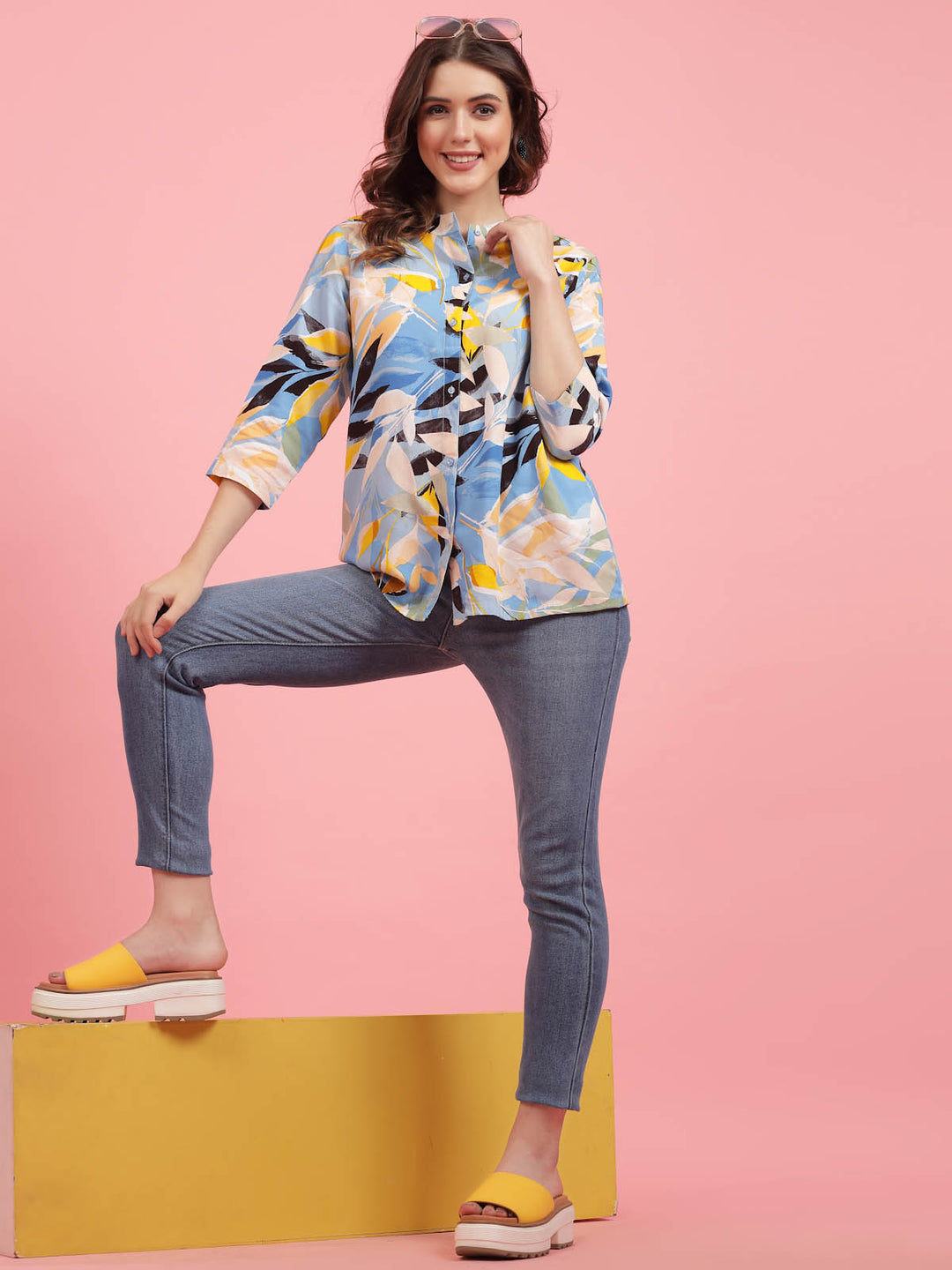 Blue  Yellow Floral Printed Band Collar Shirt Style Top