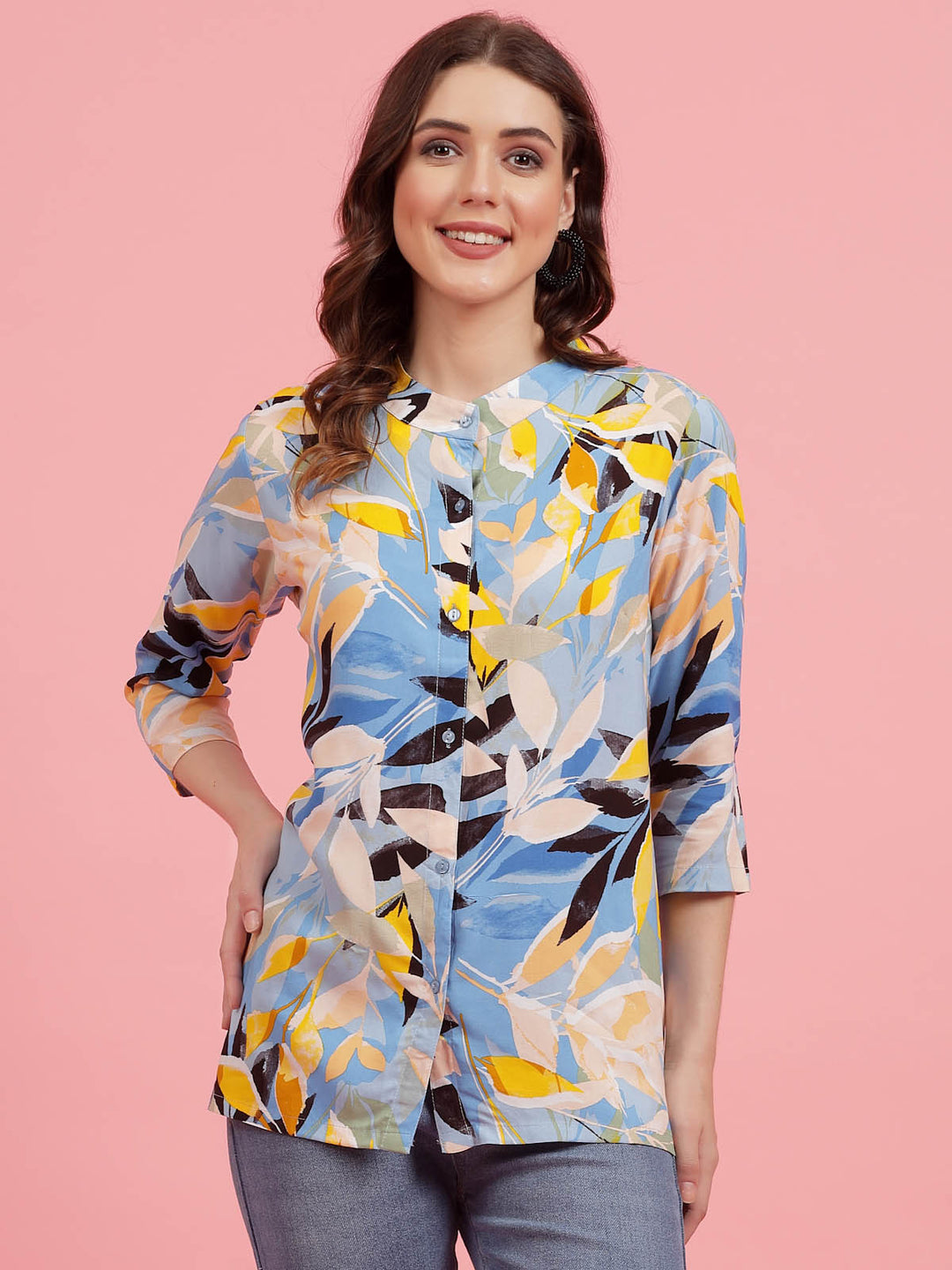 Blue  Yellow Floral Printed Band Collar Shirt Style Top