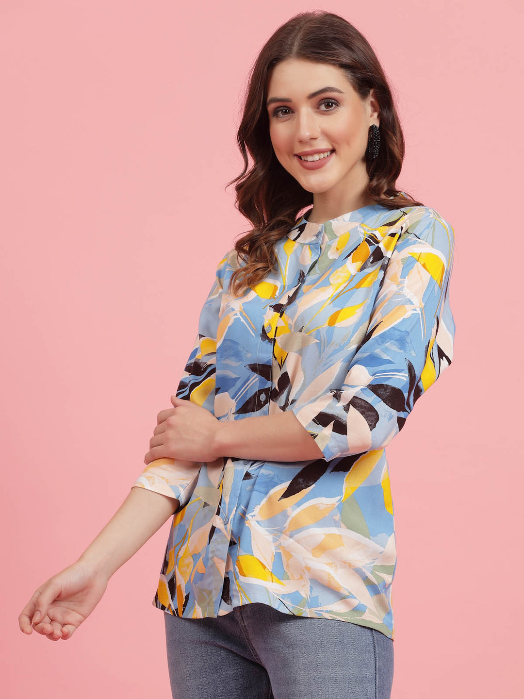 Blue  Yellow Floral Printed Band Collar Shirt Style Top