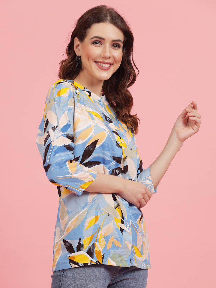 Blue  Yellow Floral Printed Band Collar Shirt Style Top