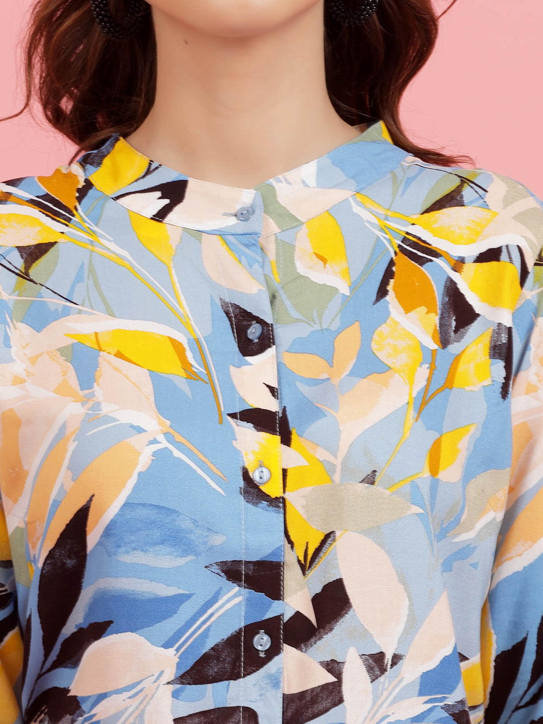 Blue  Yellow Floral Printed Band Collar Shirt Style Top