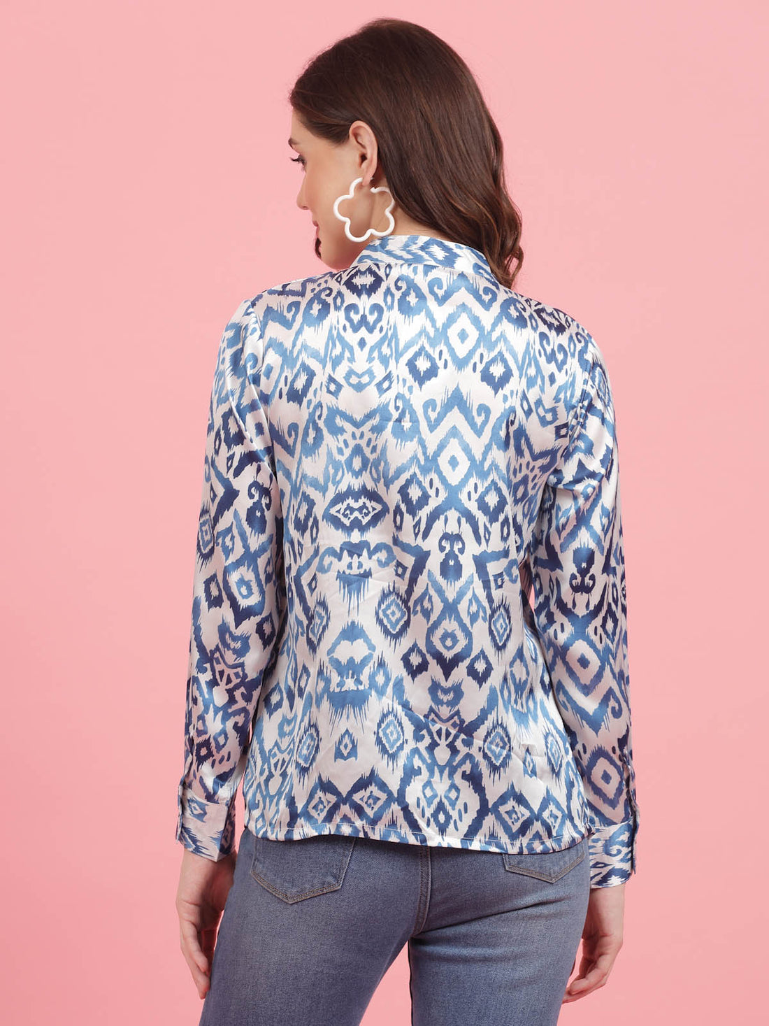 Ethnic Motifs Printed Mandarin Collar Cuffed Sleeves Shirt Style Top