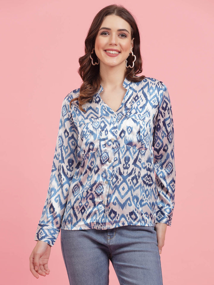 Ethnic Motifs Printed Mandarin Collar Cuffed Sleeves Shirt Style Top