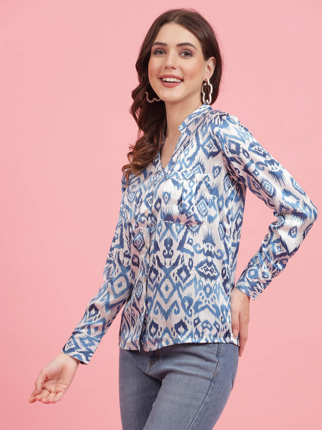 Ethnic Motifs Printed Mandarin Collar Cuffed Sleeves Shirt Style Top