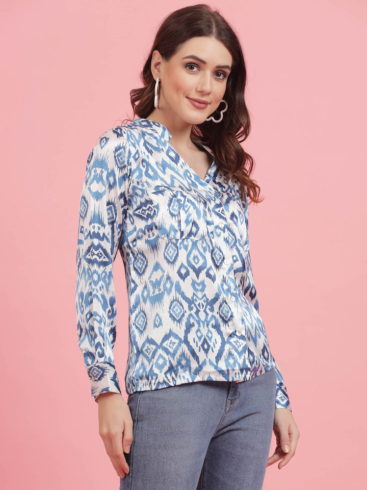 Ethnic Motifs Printed Mandarin Collar Cuffed Sleeves Shirt Style Top