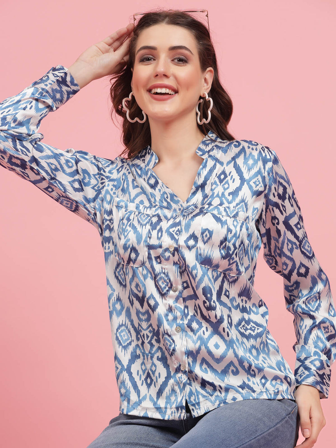 Ethnic Motifs Printed Mandarin Collar Cuffed Sleeves Shirt Style Top