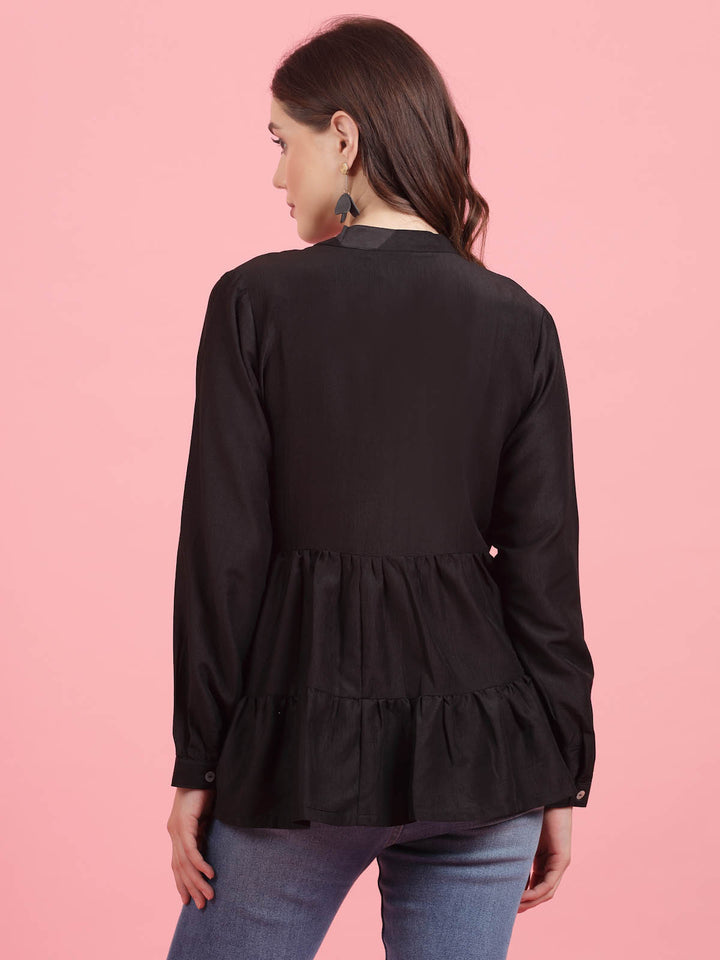 Black Mandarin Collar Gathered Shirt Style Top