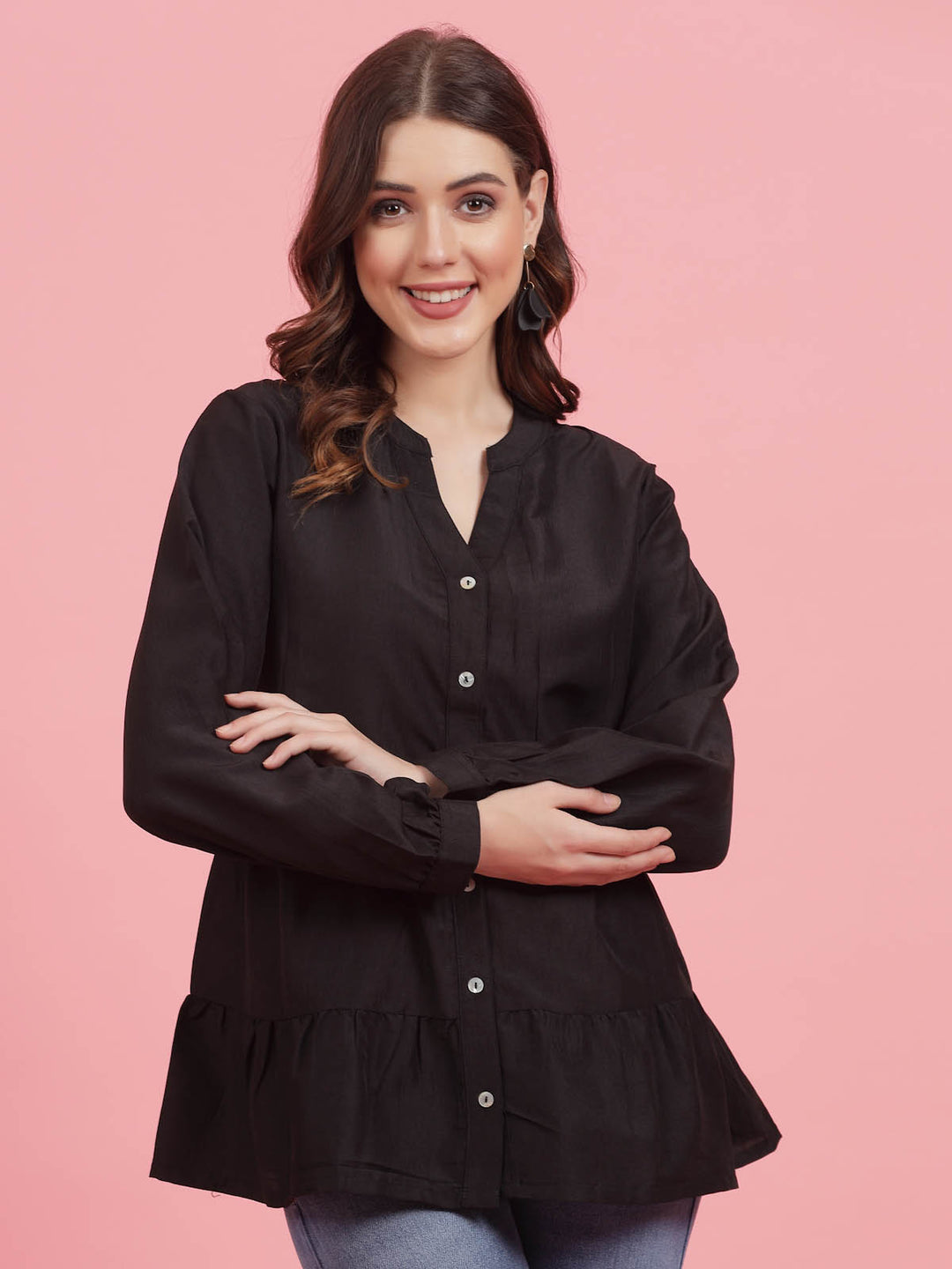 Black Mandarin Collar Gathered Shirt Style Top