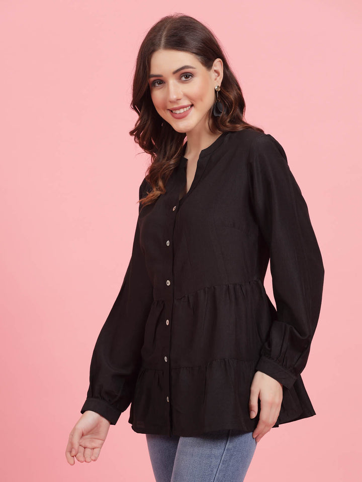 Black Mandarin Collar Gathered Shirt Style Top