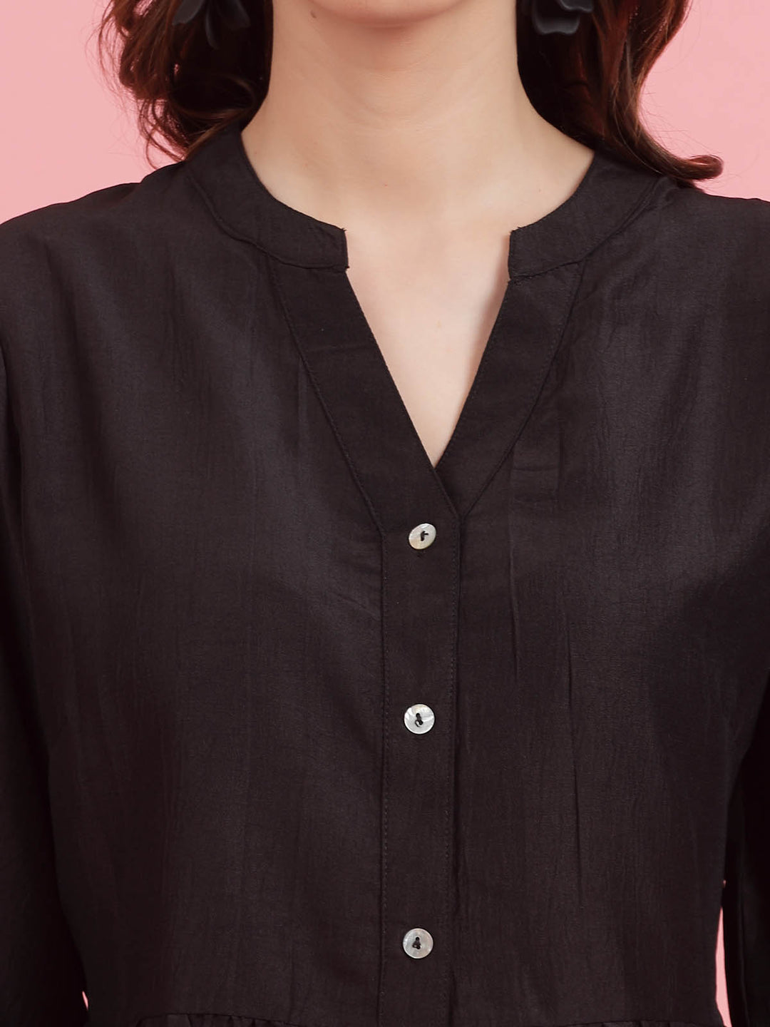 Black Mandarin Collar Gathered Shirt Style Top