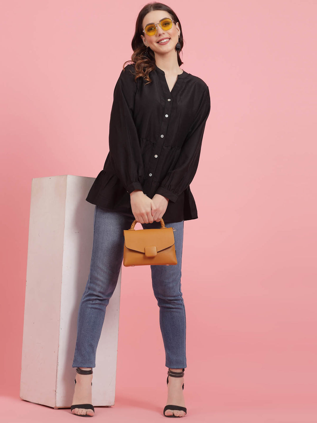 Black Mandarin Collar Gathered Shirt Style Top