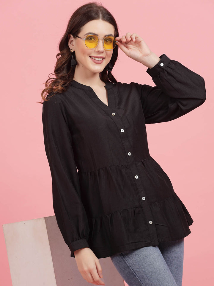 Black Mandarin Collar Gathered Shirt Style Top