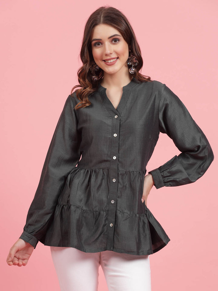 Mandarin Collar Cuffed Sleeves Gathered Detail Peplum Top