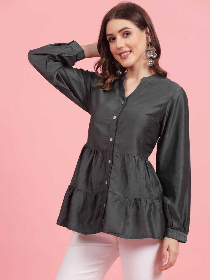 Mandarin Collar Cuffed Sleeves Gathered Detail Peplum Top