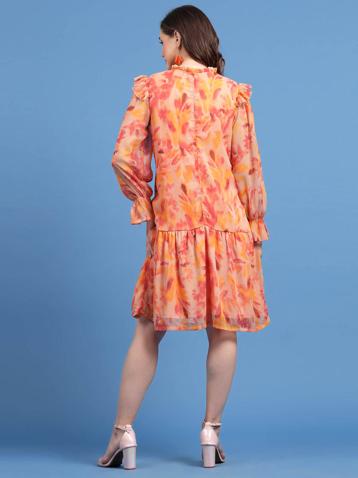 Orange Floral Printed Tie-Up Neck Bell Sleeve Drop-Waist Dress