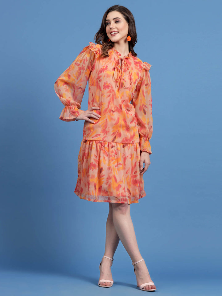 Orange Floral Printed Tie-Up Neck Bell Sleeve Drop-Waist Dress