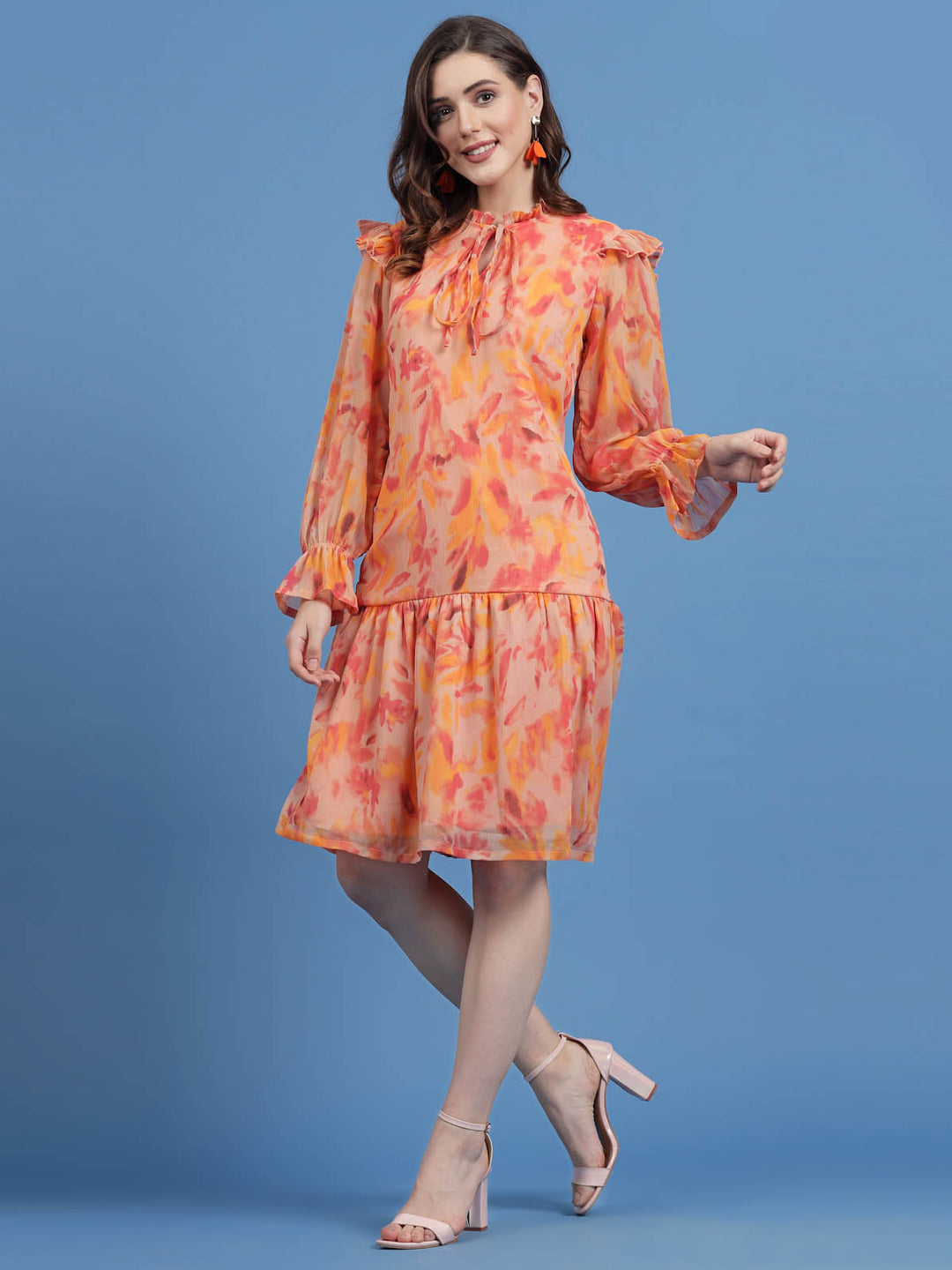 Orange Floral Printed Tie-Up Neck Bell Sleeve Drop-Waist Dress