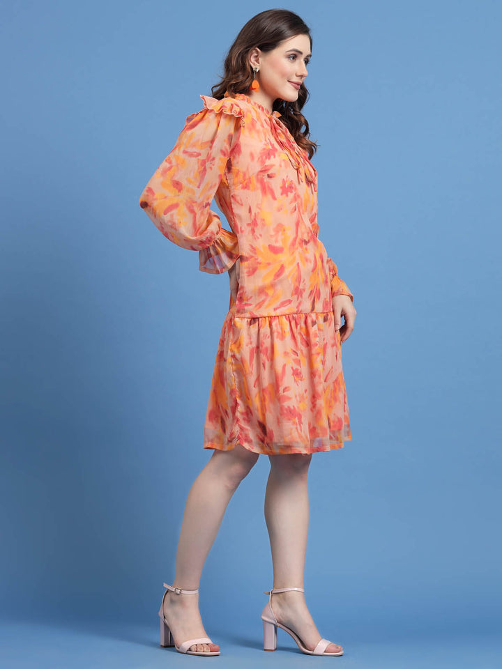 Orange Floral Printed Tie-Up Neck Bell Sleeve Drop-Waist Dress