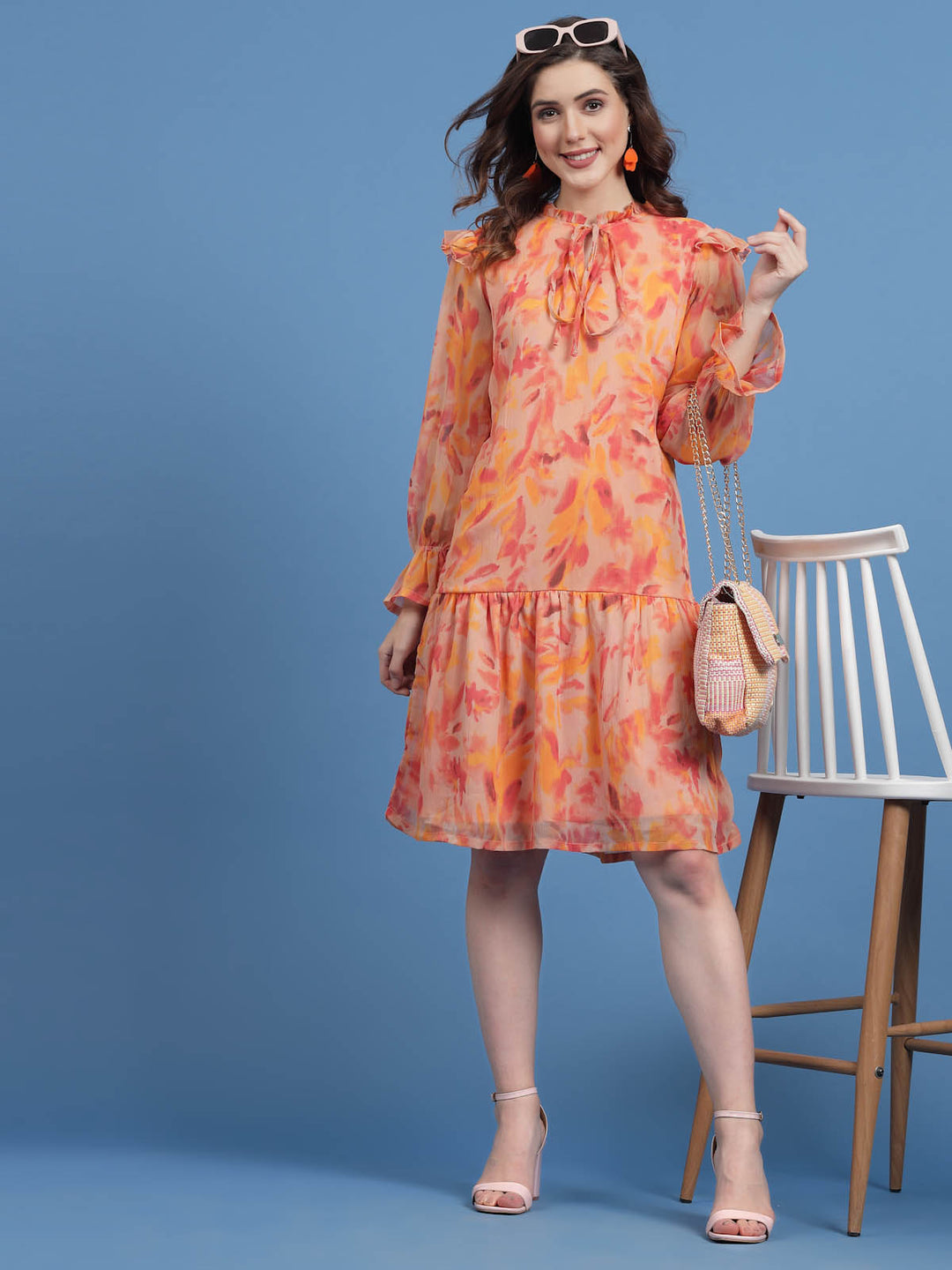 Orange Floral Printed Tie-Up Neck Bell Sleeve Drop-Waist Dress